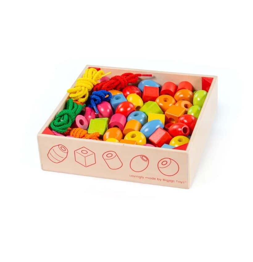 Bigjigs Toys Dřevěné navlékací korálky v bedýnce