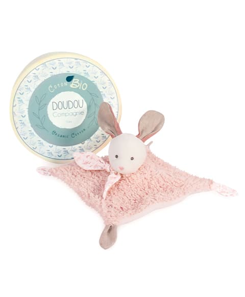 Doudou Dárková sada - Plyšový králíček s růžovou dečkou z  BIO bavlny 25 cm