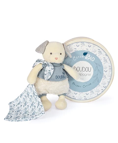 Doudou Dárková sada - Plyšový pejsek s dečkou z  BIO bavlny 22 cm