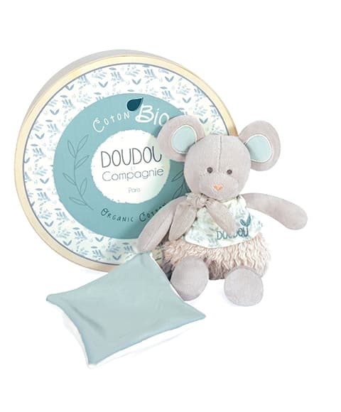 Doudou Dárková sada -  Plyšová myška s dečkou z  BIO bavlny 22 cm