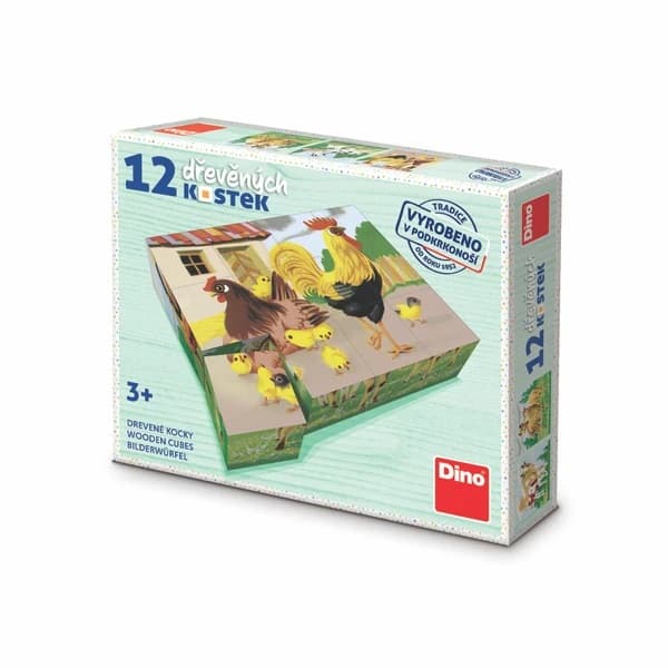 Dino Dřevěné obrázkové kostky Domáčí zvířátka retro 12 kostek